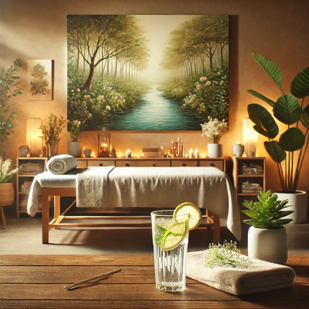 A peaceful and inviting wellness spa setting, featuring a relaxing treatment room with soft lighting, fresh plants, and a comfortable therapy bed.