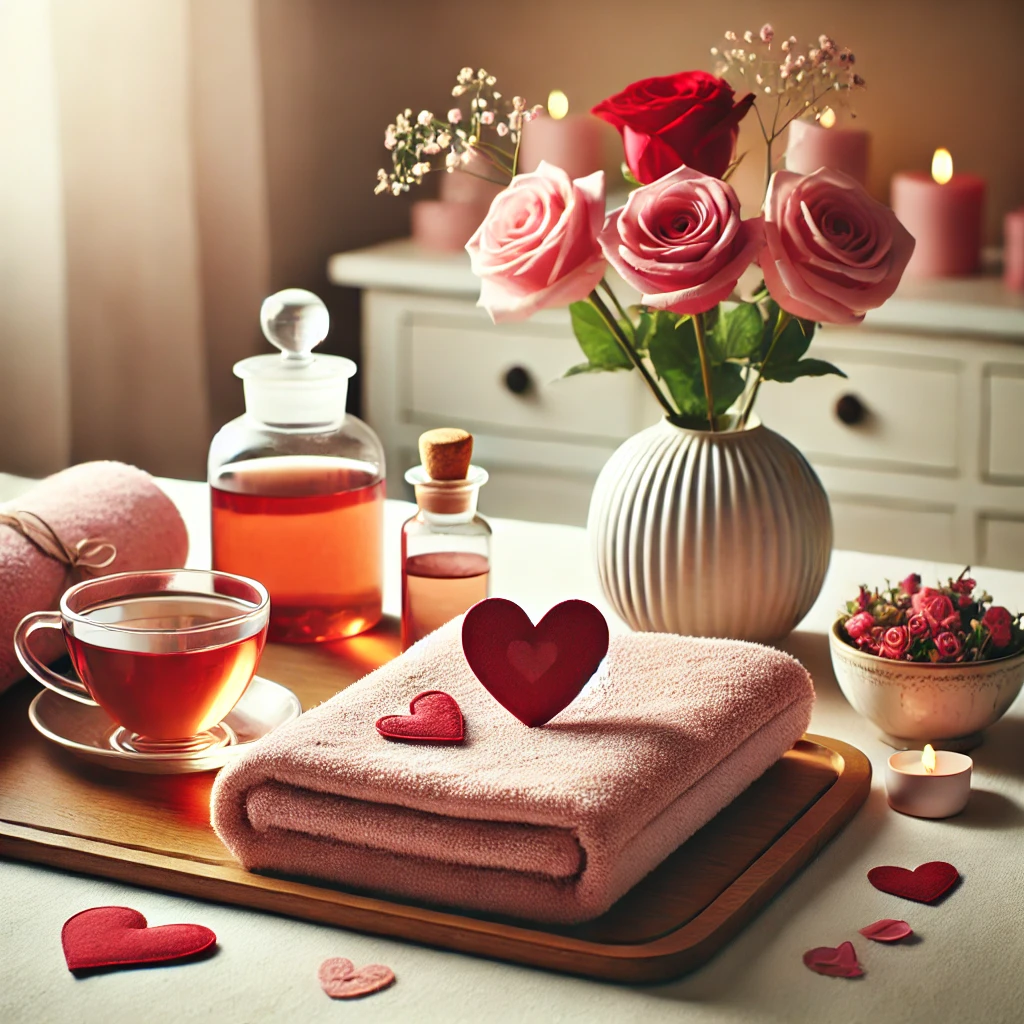 A clean and inviting wellness spa setting with a Valentine's Day theme. A neatly arranged treatment bed with soft pink and red towels, a heart-shaped